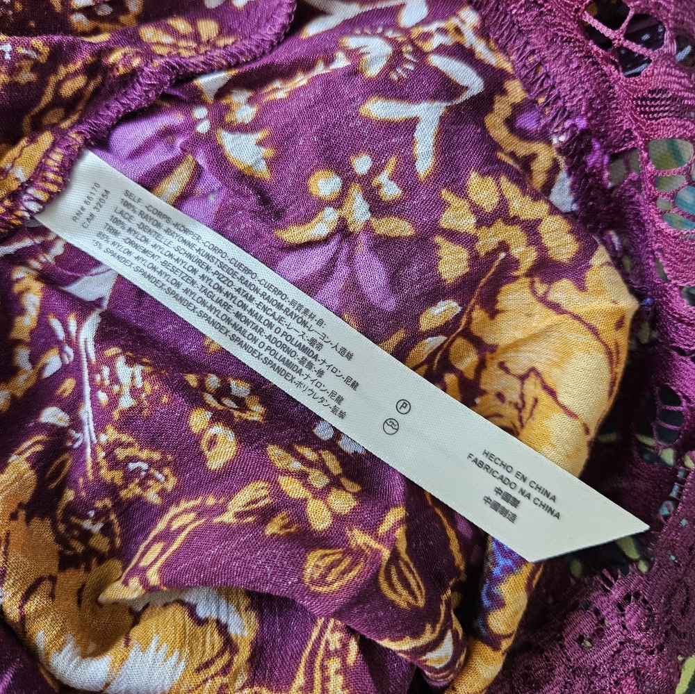 Free People Who's Sorry Now Printed Mini Slip Dress Sleeveless Lace Wine Sm NWT - Picture 12 of 15